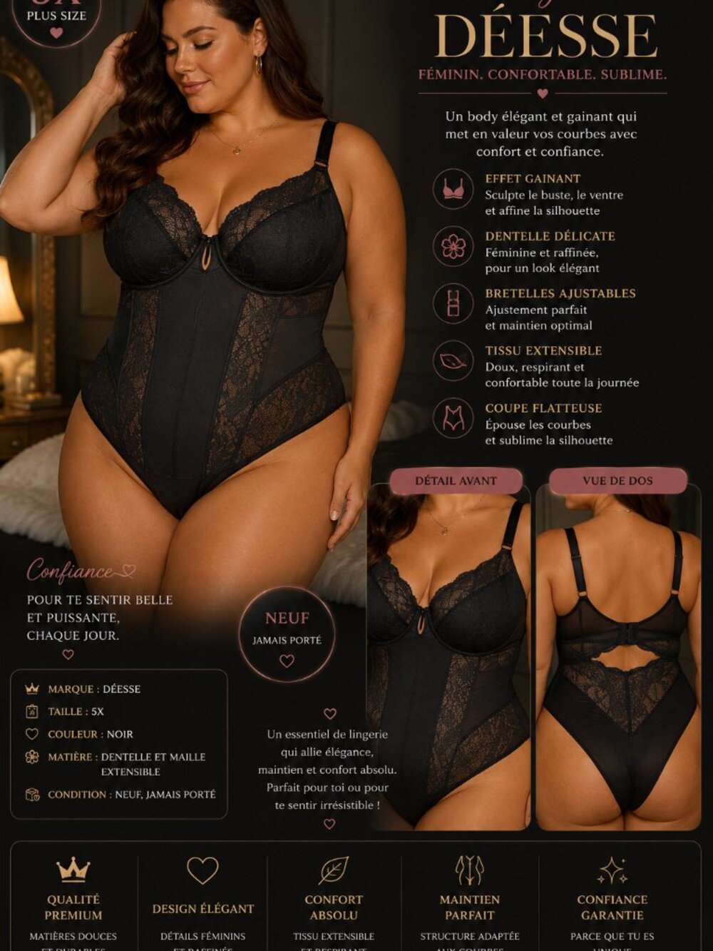 DÉESSE Black Shaping Bodysuit 5X – Lace & Satin Mesh – New Never Worn